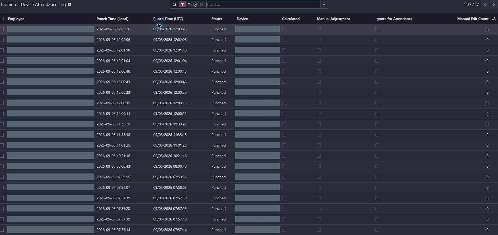 Attendance workflow: actual odoo interface