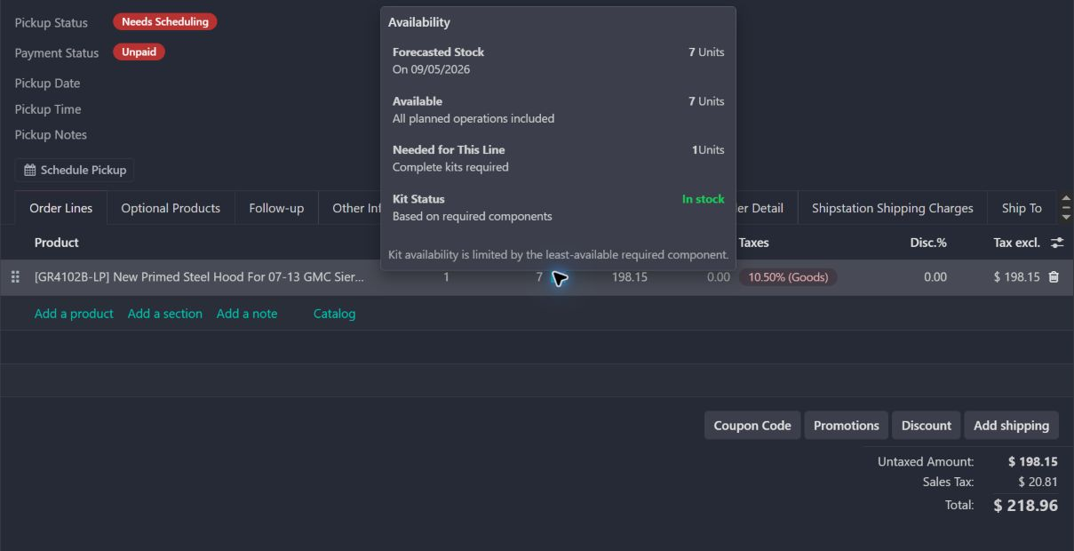 Actual availability popover on an existing quotation for kit GR4102B-LP. The screen shows seven available units and one complete kit needed. Customer identity and chatter are outside the crop; no quantities or order state were changed.